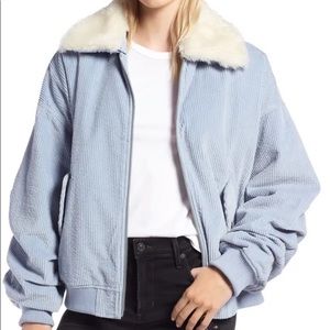 Avec Les Filles Blue Corduroy Bomber Jacket Shearling  Collar NEW With Tags XS